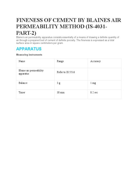 blaine air permeability test procedure calculations|is 4031 pdf free download.